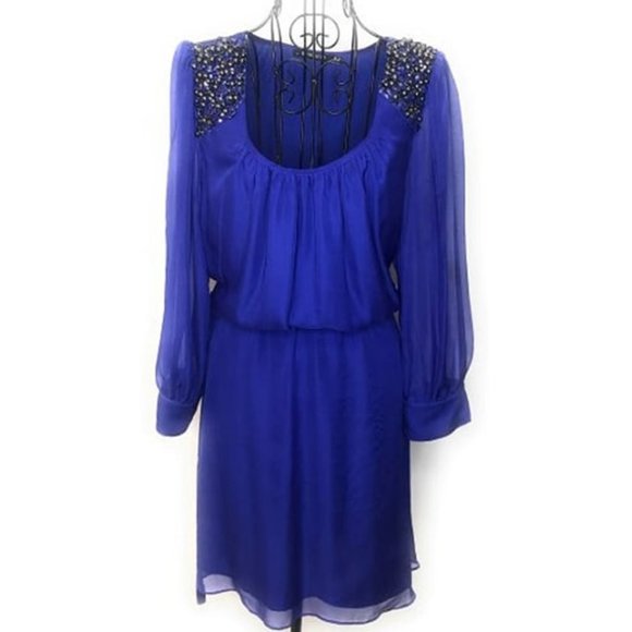 Flowy Chiffon Blue Knee Length Long Sleeve Dress - Picture 1 of 6